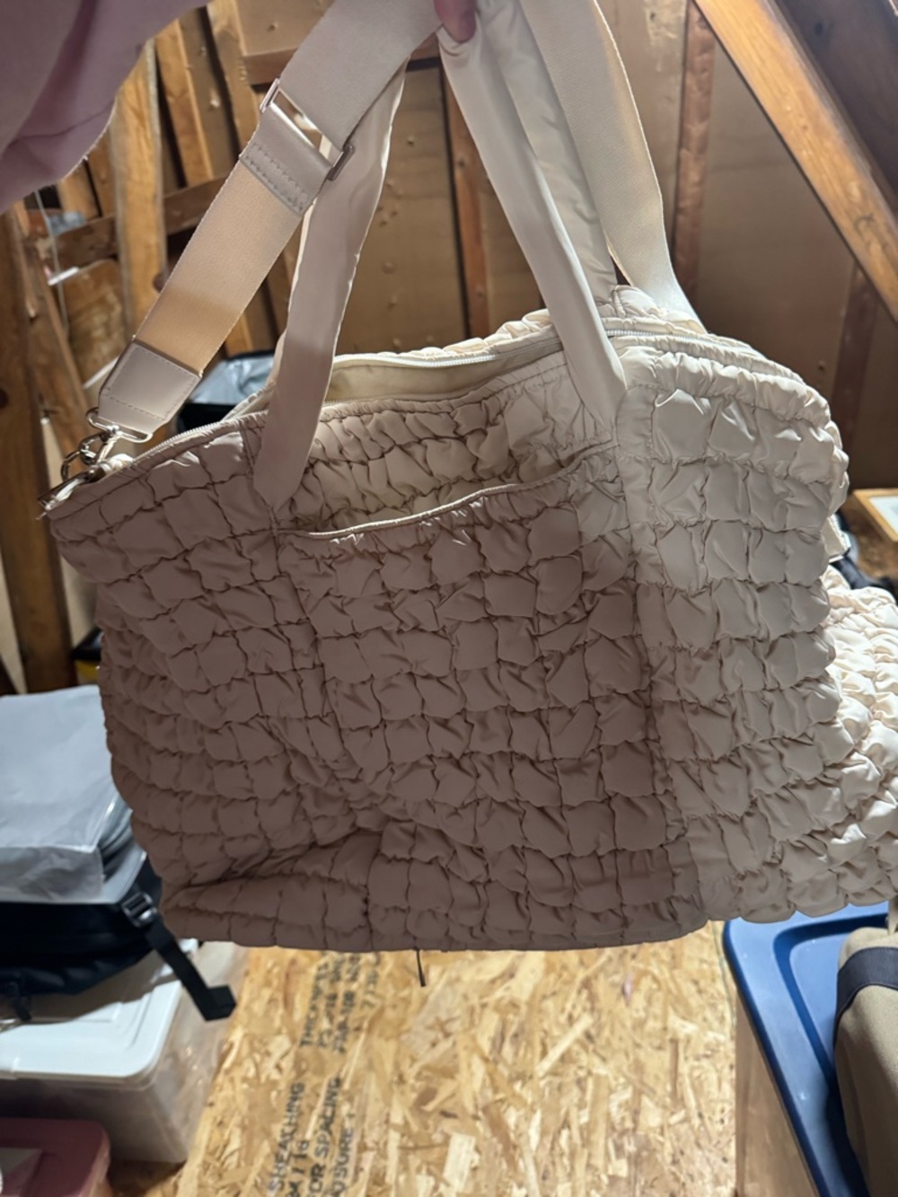 a new day Cream Quilted Ruffle Travel Tote